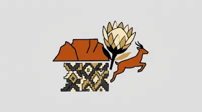 Flat illustration of a leaping springbok, a protea flower, and a mountain above a geometric pattern on a gray background