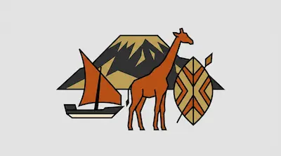 Flat illustration of a giraffe, a sailboat, and a tribal shield in front of a mountain peak on a light gray background