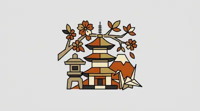 Flat illustration of a Japanese pagoda, cherry blossoms, and an origami crane in earth tones on a light gray background