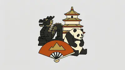 Flat illustration of a black dragon statue, a giant panda, a pagoda, and a red folding fan on a light gray background