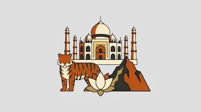 Flat illustration of a tiger, a lotus flower, and a domed palace with minarets on a light grey background