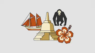 Flat illustration of a sailboat, a stone temple, a gorilla, and a hibiscus flower on a light gray background
