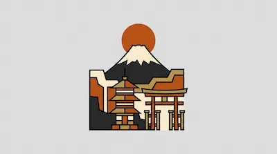 Flat illustration of a snow capped mountain, a red sun, a pagoda, and a torii gate in a minimalist geometric style