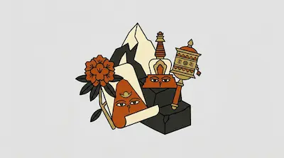 Flat illustration of a mountain, a prayer wheel, and a stupa with eyes on a light grey textured background