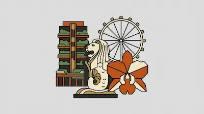 Flat illustration of a lion statue, a large ferris wheel, and a geometric flower in orange and cream tones