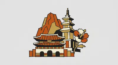 Flat illustration of a traditional pagoda, a jagged mountain peak, and a hibiscus flower on a plain grey background
