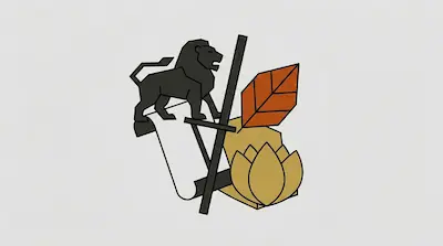 Flat illustration of a black lion silhouette standing over a scroll, a lotus flower, and an orange leaf on a gray background