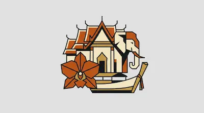 Flat illustration of a Thai temple, an elephant, and an orchid flower in orange and cream tones on a gray background
