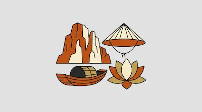 Flat illustration of a mountain, a conical hat, a wooden boat, and a lotus flower in orange and tan tones