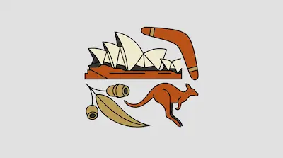 Flat illustration of the Sydney Opera House, a kangaroo, and a boomerang in orange and tan tones on a grey background