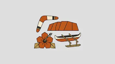 Flat illustration of a boomerang, a large rock formation, a hibiscus flower, and an outrigger canoe on a gray background