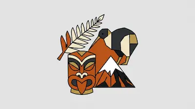 Flat illustration of a Maori tiki mask, a silver fern leaf, and a kiwi bird against a snowy mountain peak