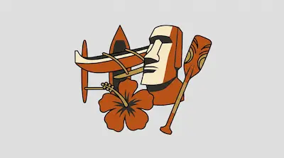 Flat illustration of a Moai statue, an outrigger canoe, a hibiscus flower, and a wooden paddle on a grey background