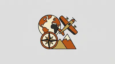 Flat illustration of a globe, a compass, and a vintage airplane flying over mountains in orange and tan tones