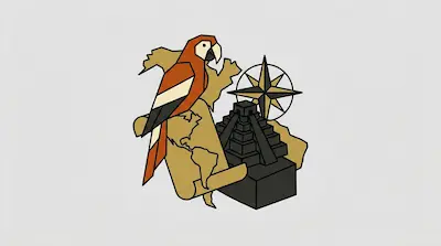 Flat illustration of a macaw parrot, a world map scroll, a compass rose, and a stepped pyramid on a grey background