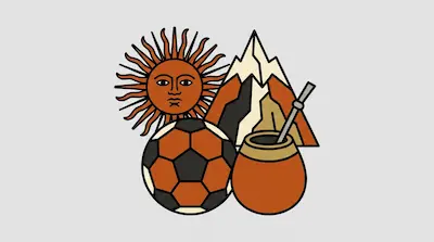 Flat illustration of a sun with a face, a soccer ball, a mate gourd, and a mountain peak on a gray background
