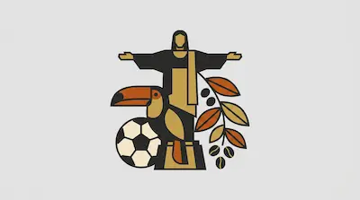 Flat illustration of a human figure with open arms, a toucan, a soccer ball, and coffee beans on a gray background