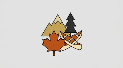 Flat illustration of a maple leaf, a canoe, and a pine tree in front of mountains on a light gray background