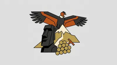 Flat illustration of a condor flying over a Moai statue, a snowy mountain, and a bunch of grapes on a gray background
