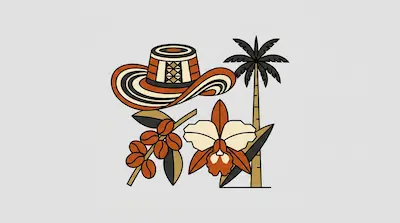 Flat illustration of a patterned sombrero vueltiao, an orchid flower, coffee beans, and a palm tree on a gray background