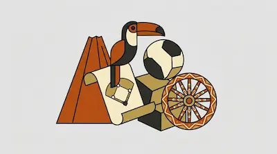 Flat illustration of a toucan perched on a scroll next to a soccer ball, volcano, and decorative wheel