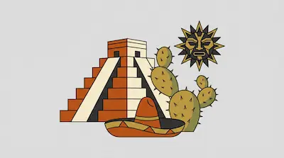 Flat illustration of a Mayan pyramid, a prickly pear cactus, a sombrero, and a sun face on a light gray background