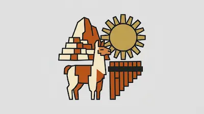 Flat illustration of a llama, a pan flute, a sun, and a stepped pyramid in a geometric style with thick black outlines