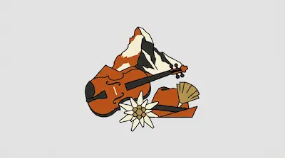 Flat illustration of a violin, an edelweiss flower, a Tyrolean hat, and a mountain peak on a light gray background