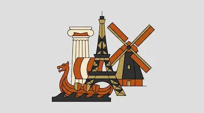 Flat illustration of European landmarks including the Eiffel Tower, a Greek column, a windmill, and a Viking longship