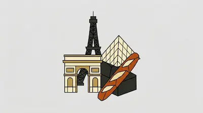 Flat illustration of a baguette, a triumphal arch, a lattice tower, and a glass pyramid on a plain grey background