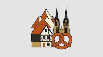 Flat illustration of a half-timbered house, a large pretzel, and a gothic cathedral before a mountain peak