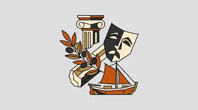 Flat illustration of a Greek column, a theater mask, an olive branch, and a wooden sailboat on a gray background