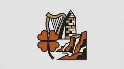 Flat illustration of a four leaf clover, a golden harp, a stone tower, and rocky cliffs on a light gray background