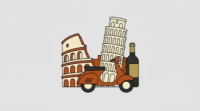 Flat illustration of a red scooter, a wine bottle, and famous Italian landmarks on a light gray background