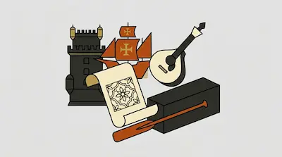 Flat illustration of a stone tower, a sailing ship with orange sails, a lute, and a scroll on a light gray background