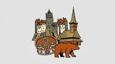 Flat illustration of a medieval castle, a wooden church, a brown bear, and a jeweled crown on a light gray background