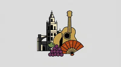 Flat illustration of a Spanish guitar, a bunch of purple grapes, an orange fan, and a tall tower on a gray background