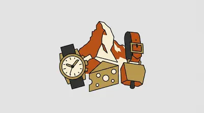 Flat illustration of a snowy mountain peak behind a wristwatch, a wedge of Swiss cheese, and a cowbell on a grey background