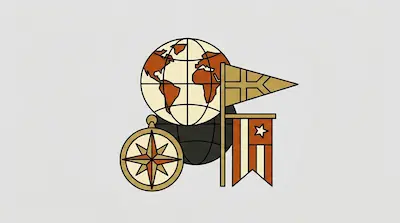 Flat illustration of a globe, a compass, and two flags in earth tones against a light gray background