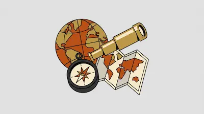 Flat illustration of a globe, a brass telescope, a compass, and a folded world map on a light gray background