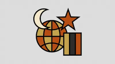 Flat illustration of a globe, a crescent moon, a five-pointed star, and a striped rectangle on a gray background