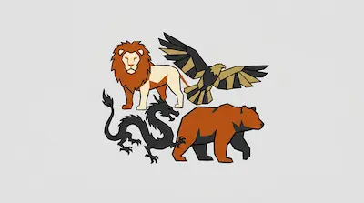 Flat illustration of a lion, eagle, dragon, and bear in a geometric, stained glass style on a light grey background
