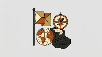Flat illustration of a globe, a compass, and a flag in earth tones against a light grey background