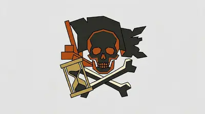 Flat illustration of a black and orange skull with crossbones, a tattered flag, and an hourglass on a gray background
