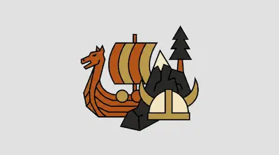 Flat illustration of a viking longship with a dragon head, a horned helmet, and a snowy mountain on a gray background