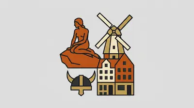 Flat illustration of a mermaid statue, a windmill, a horned helmet, and colorful buildings on a gray background