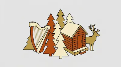 Flat illustration of a log cabin, a wooden harp, and a deer silhouette among stylized pine trees on a gray background