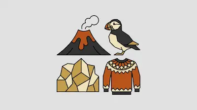Flat illustration of an erupting volcano, a puffin bird, geometric rocks, and a patterned sweater on a gray background