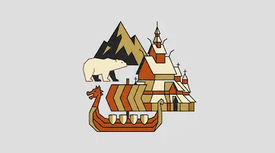 Flat illustration of a Viking longship, a polar bear, and a stave church against a mountain on a grey background