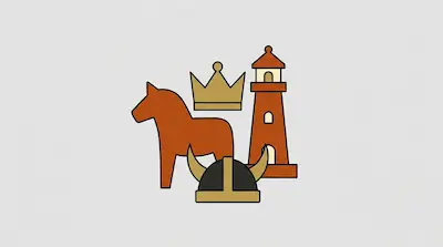 Flat illustration of a Dala horse, a viking helmet, a crown, and a lighthouse in earthy tones on a grey background